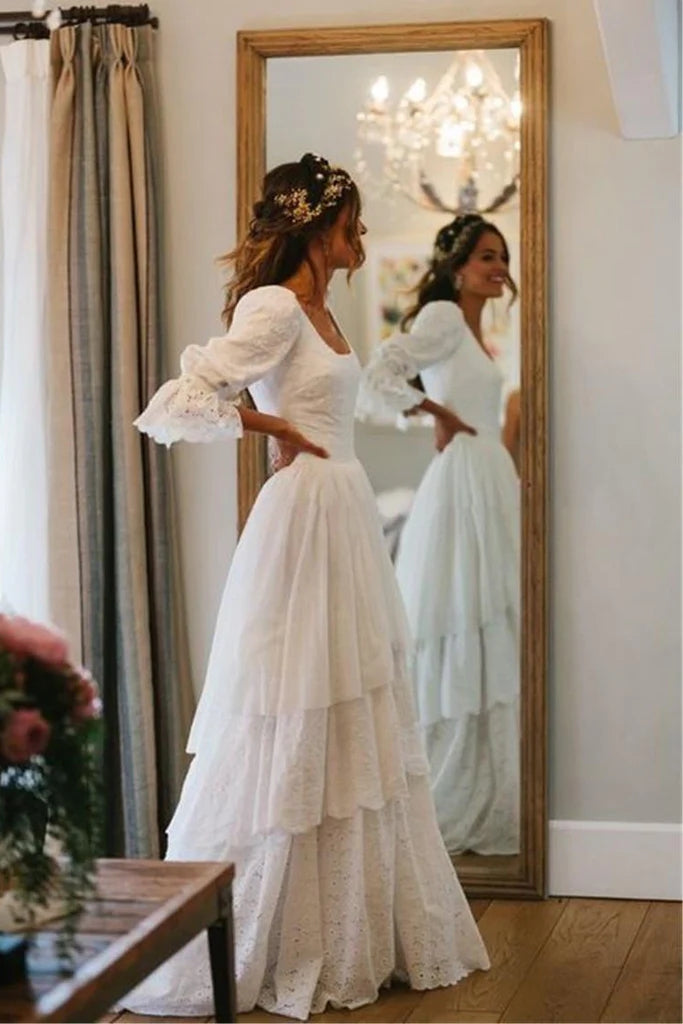 A Line Tiered Lace Wedding Dress With Train, Long Bridal Gown CHW0175