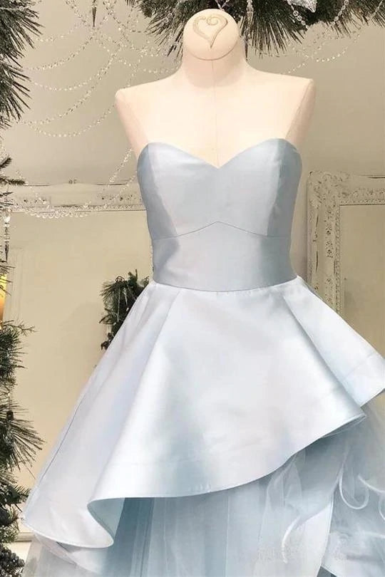 Light Blue Strapless Sleeveless Prom Dresses,A Line Tiered Satin Evening Dresses WLD0092
