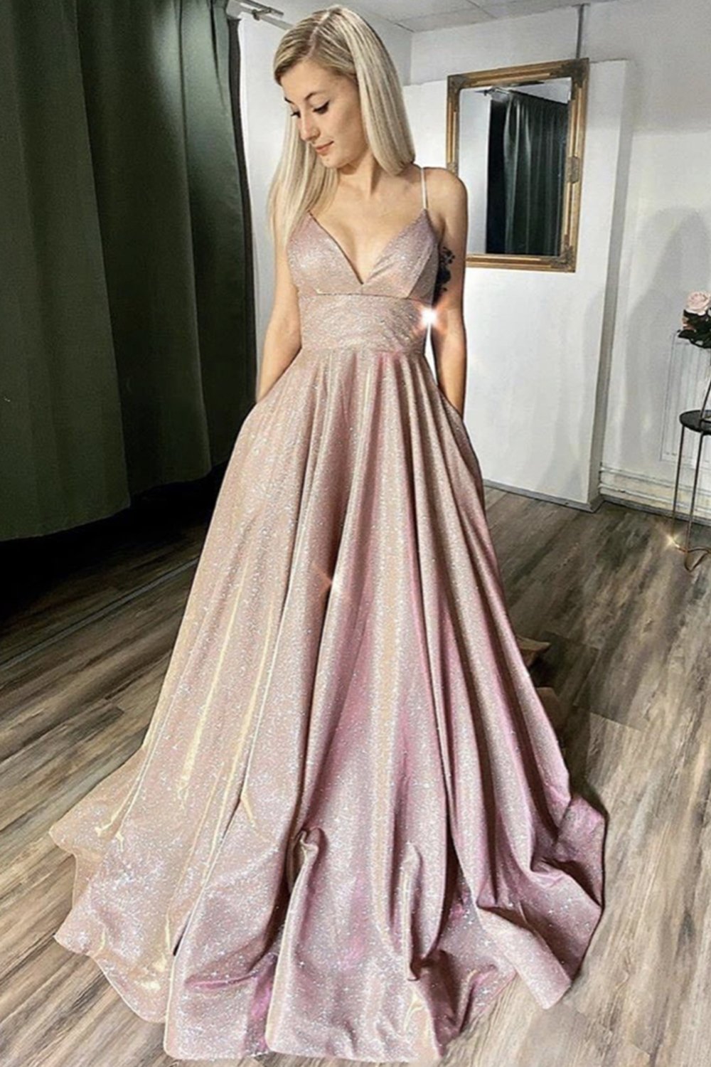Sparkly A-line V Neck Pink Long Prom Dresses, Shiny Long Formal Evening Dresses WLD0114