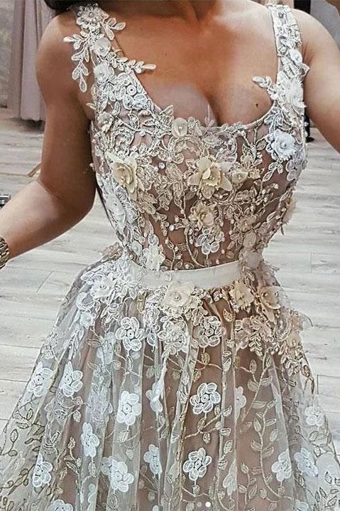 A Line Lace Prom Dress, Vintage Straps African Evening Dress with Beads and Flowers WLD2414