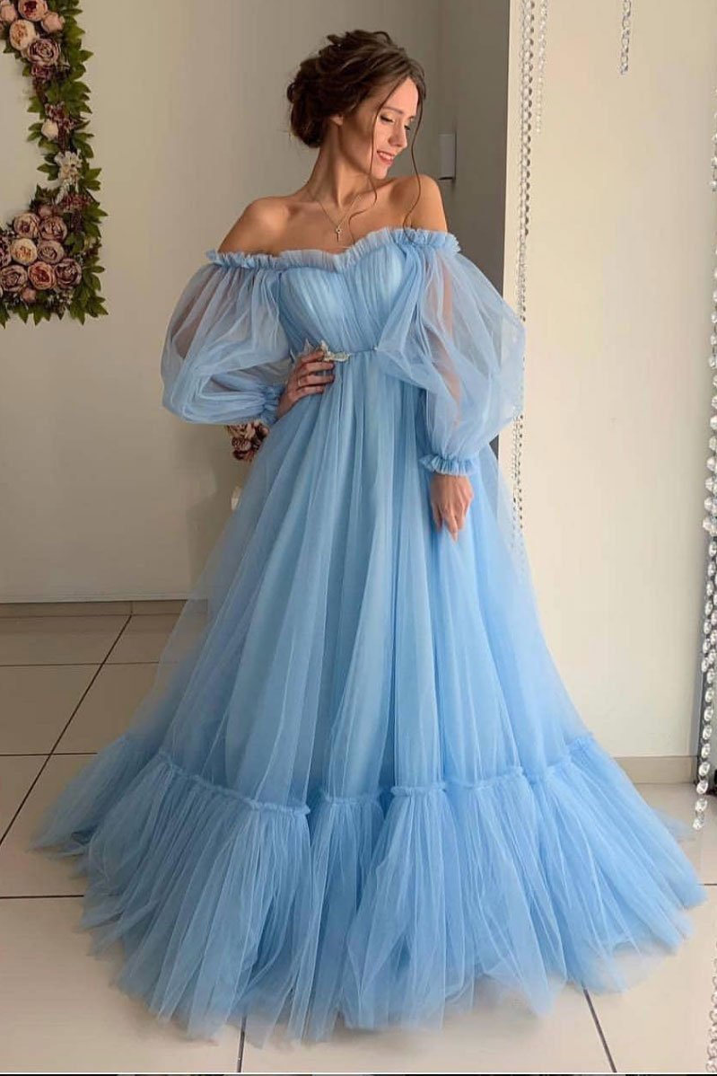 A Line Long Sleeve Off the Shoulder Long Prom Dress, Blue Tulle Floor Length Formal Dress WLD1703