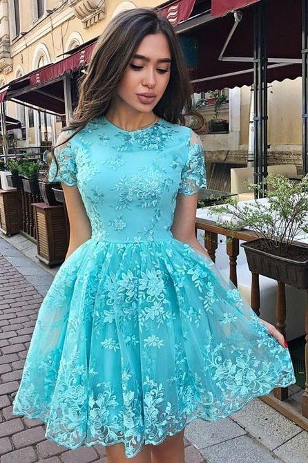 A Line Short Sleeve Lace Homecoming Dress, Charming Short Prom Dress with Short Sleeves WLD1862