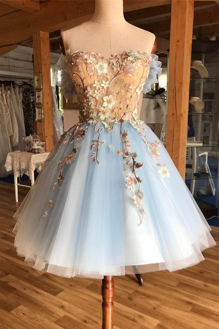 A Line Above-Knee Light Blue Tulle Homecoming Prom Dress with Appliques WLD1877