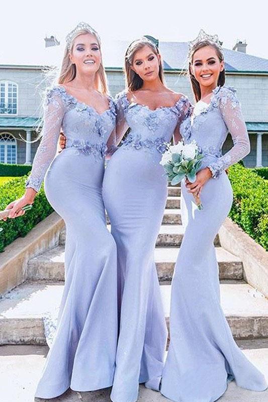 Pink Mermaid Applique Off-the-Shoulder Long Sleeves Floor-Length Bridesmaid Dresses WLD2481