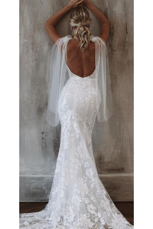 Deep V Neck Bohemian Mermaid Lace Wedding Dress Long Bridal Gown WLD0139