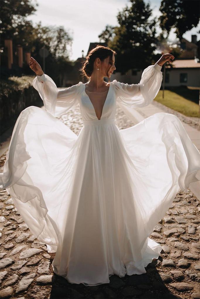 Simple Chiffon V Back Wedding Gown, Aesthetic Long Puffy Sleeves Beach Wedding Dress WLD0127