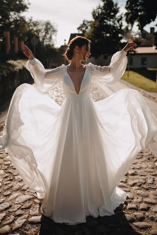 Simple Chiffon V Back Wedding Gown, Aesthetic Long Puffy Sleeves Beach Wedding Dress WLD0127
