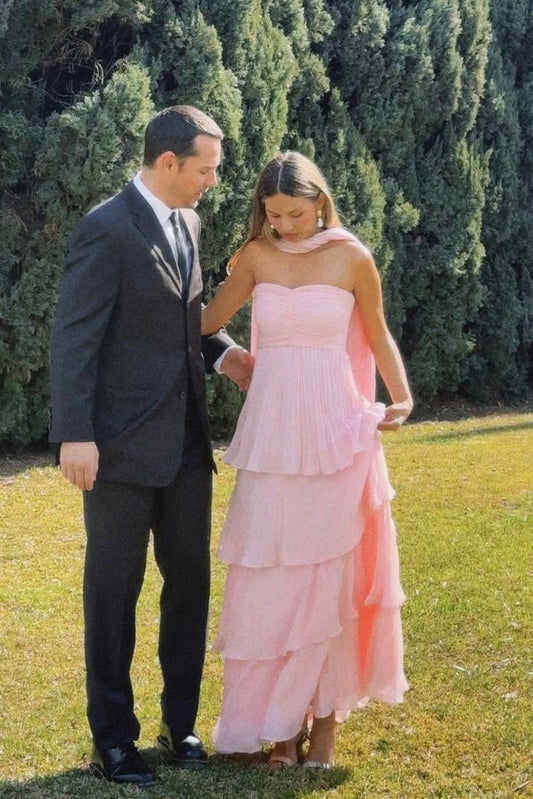 Chic A Line Sweetheart Pink Long Prom Dress with Ruffles, Evening Gowns WLD0430