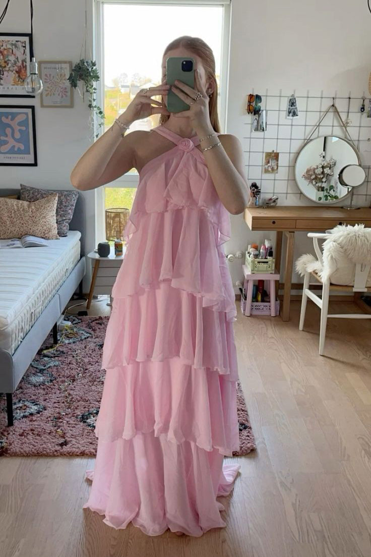 Halter Pink Chiffon A-Line Prom Dresses, Bridesmaid Dress CHP0420