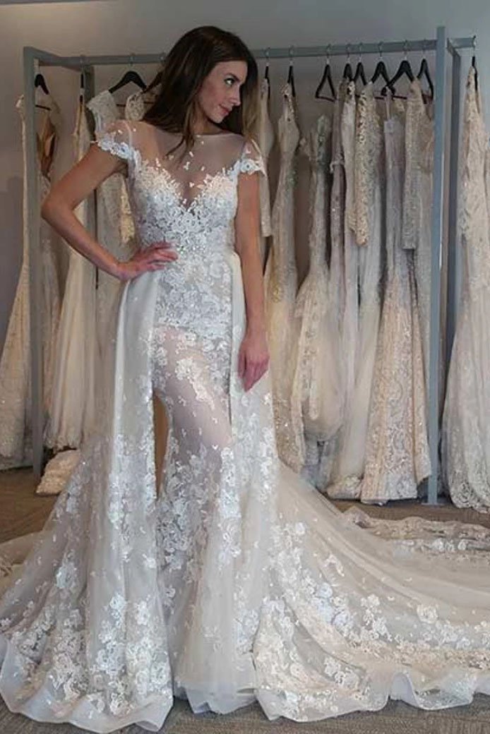 Gorgeous Cap Sleeves Sheer Neck Long Wedding Dress with Detachable Train WLD2485