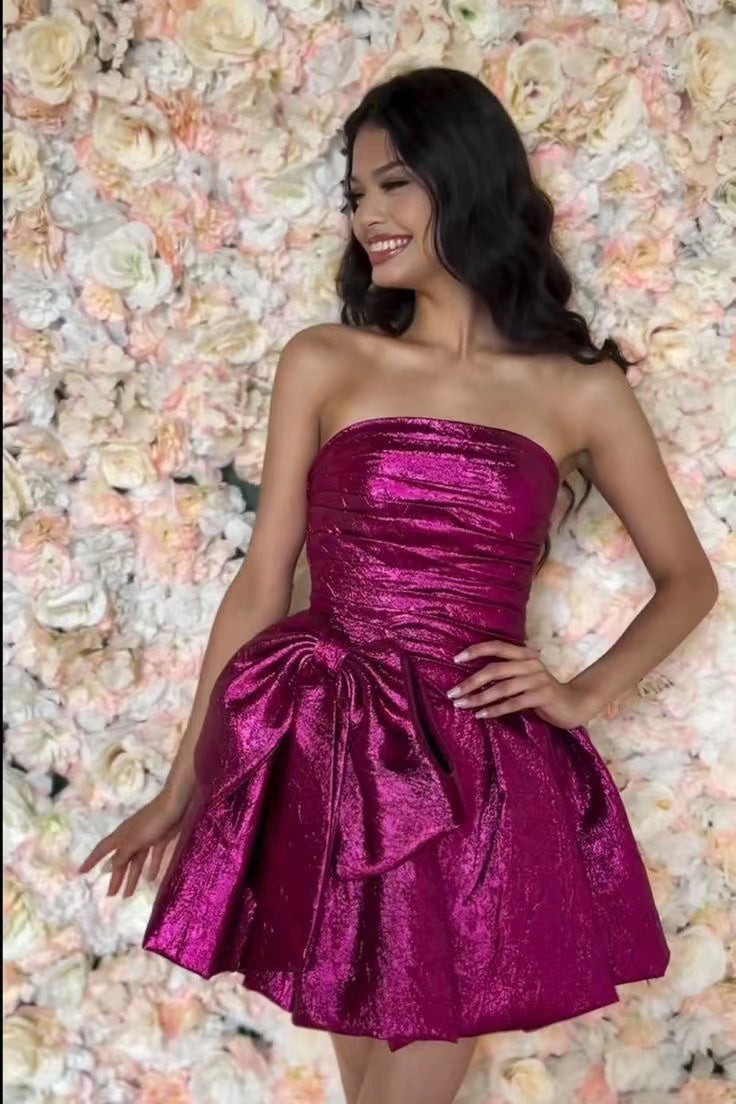 Hot Pink Strapless Bowknot Homecoming Dresses, A-Line Mini Graduation Dress WLD0181