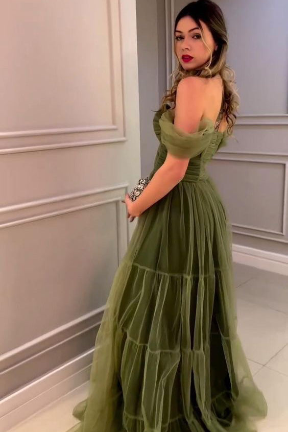 Off-the-Shoulder Long Green Tulle Prom Dress, Formal Party Gown WLD0371