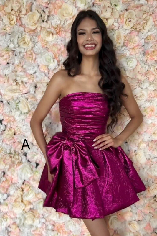 Hot Pink Strapless Bowknot Homecoming Dresses, A-Line Mini Graduation Dress WLD0181