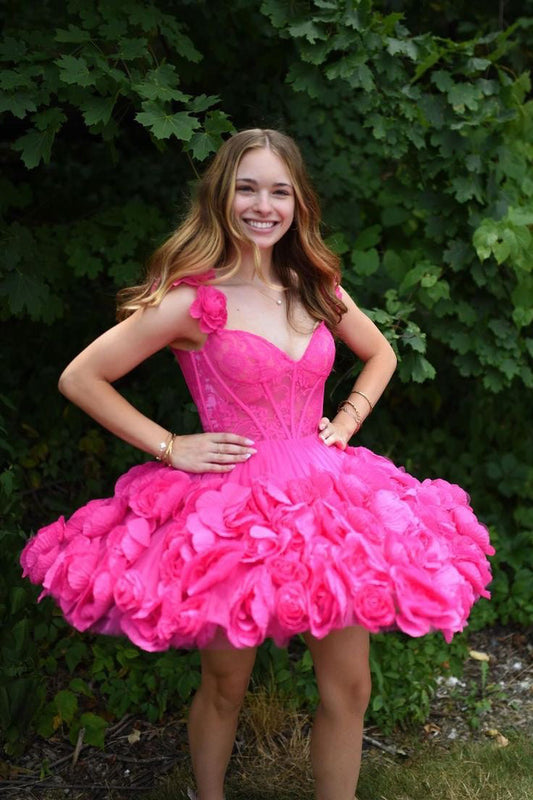 Off-the-Shoulder Hot Pink Mini Homecoming Dress With Flowers WLD0178