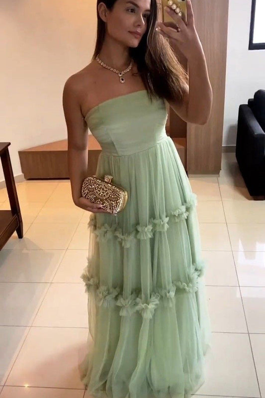 Elegant Strapless Long Mint Green Prom Dress Tulle Formal Party Gown WLD0370