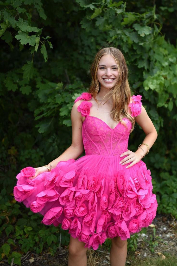 Off-the-Shoulder Hot Pink Mini Homecoming Dress With Flowers WLD0178