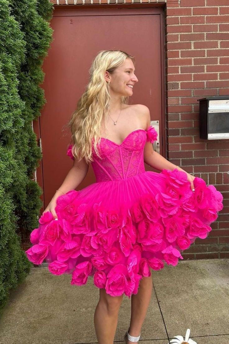 Off-the-Shoulder Hot Pink Mini Homecoming Dress With Flowers WLD0178