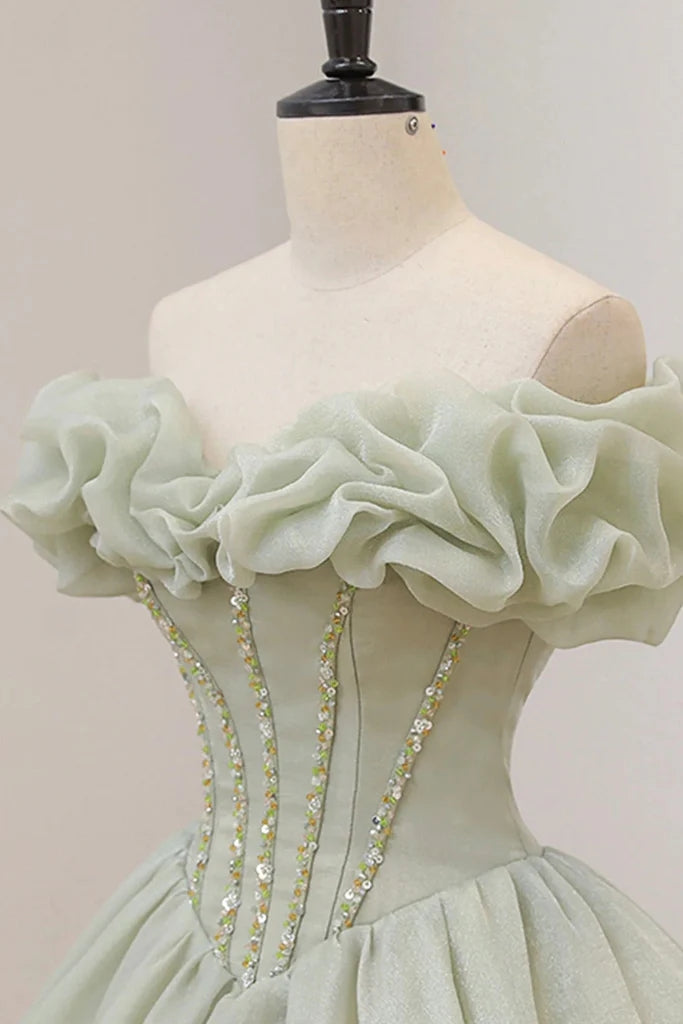 Off The Shoulder Green Prom Dress, Princess Quinceanera Dresses With Sequin WLD0265