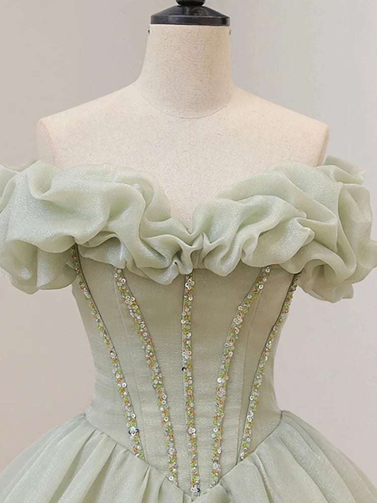 Off The Shoulder Green Prom Dress, Princess Quinceanera Dresses With Sequin WLD0265