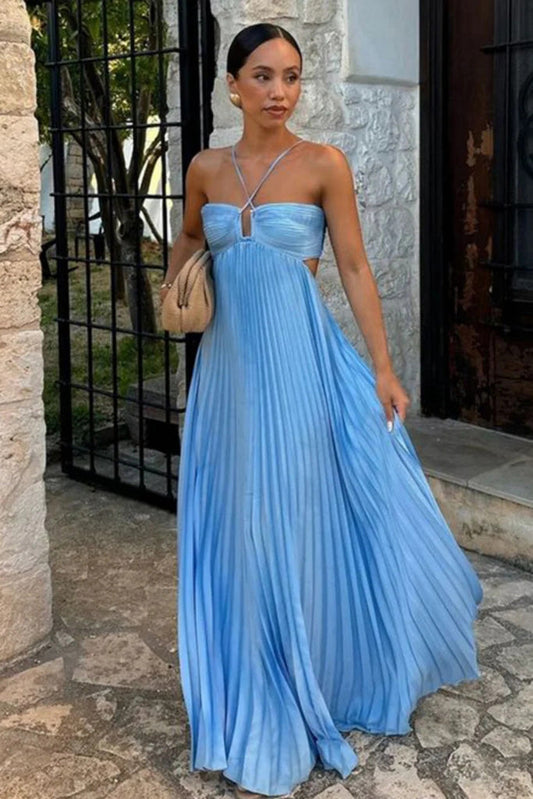 Halter Blue Chiffon A-Line Long Formal Party Dress With Pleats CHP0426