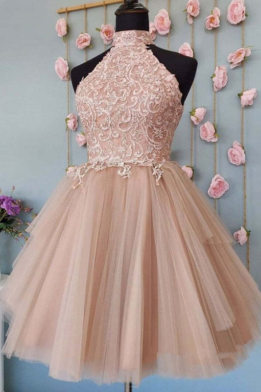 Halter Open Back Short Lace Prom Dress, Formal Graduation Dress, Sweet 16 Dresses WLD0177