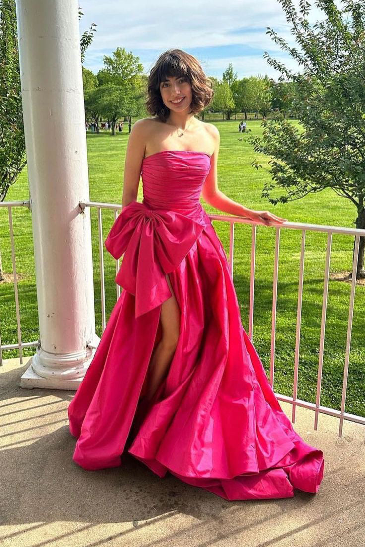 Hot Pink Strapless Satin Long Prom Dress, Tiered Evening Formal Gown With Bowknot WLD0367