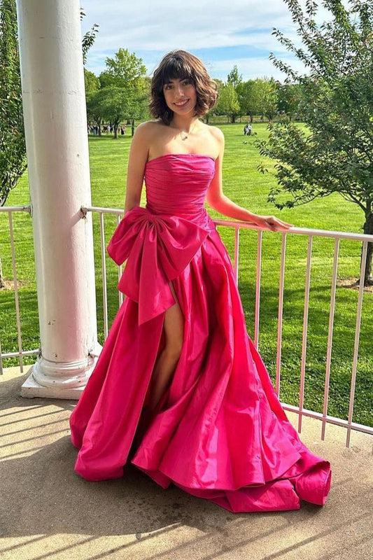 Hot Pink Strapless Satin Long Prom Dress, Tiered Evening Formal Gown With Bowknot WLD0367