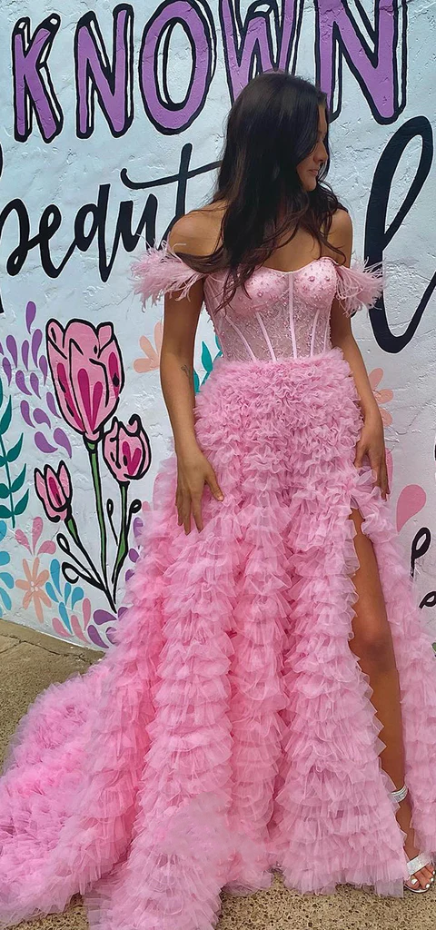 Gorgeous Pink Tulle Off-the-Shoulder Long Prom Dress With Slit, Formal Dress WLD0205