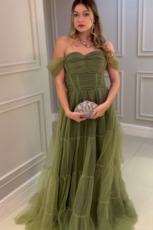 Off-the-Shoulder Long Green Tulle Prom Dress, Formal Party Gown WLD0371