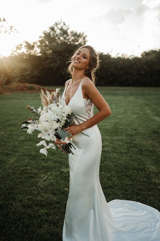 Simple V-neck Mermaid Beach Wedding Dress, Cheap Bridal Gown WLD0120