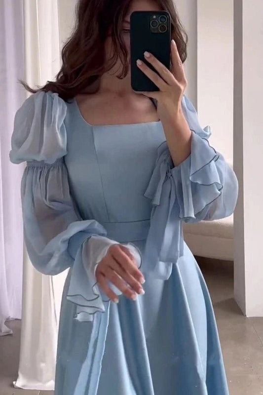 Light Blue Square Collar Belt Flare Sleeve Pleated Long Prom Dress , Formal Gown WLD0366