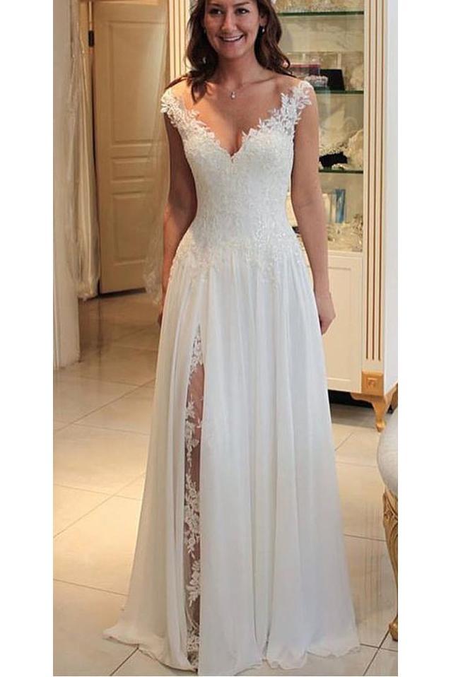 A Line Chiffon Beach Wedding Dress with Lace, Long Flowy Bridal Dress with Lace WLD1775