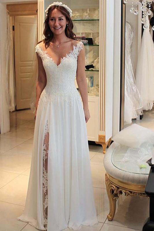 A Line Chiffon Beach Wedding Dress with Lace, Long Flowy Bridal Dress with Lace WLD1775