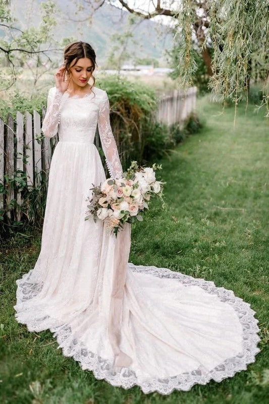 Long Sleeve Lace Round Neck Beach Wedding Dresses, Elegant Bride Gowns WLD0154