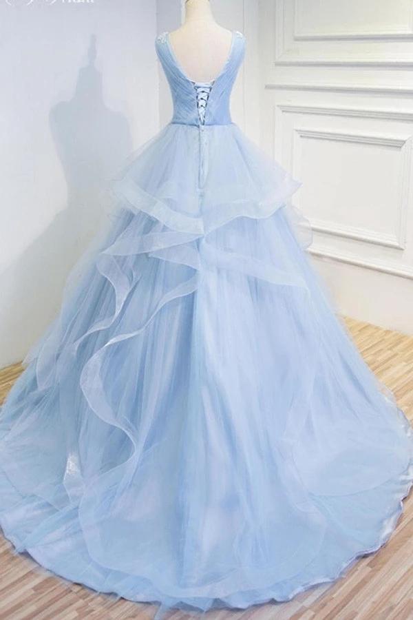 Puffy V Neck Sleeveless Tulle Prom Dress with Appliques, Long Quinceanera Dress WLD2518