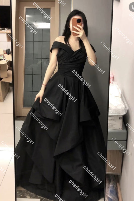 Off-the-Shoulder Black Tulle A-Line Long Prom Dress, Formal Dress WLD0409