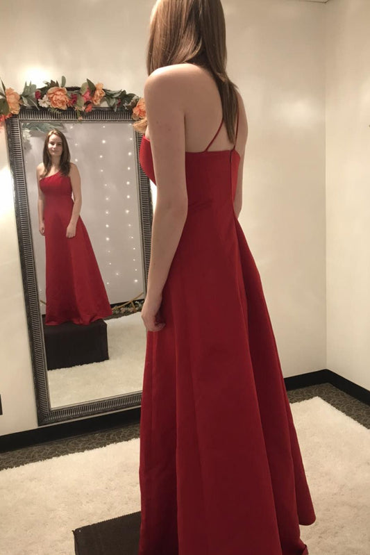 One-Shoulder Red Satin A-Line Long Prom Dresses,Evening Dress WLD0363