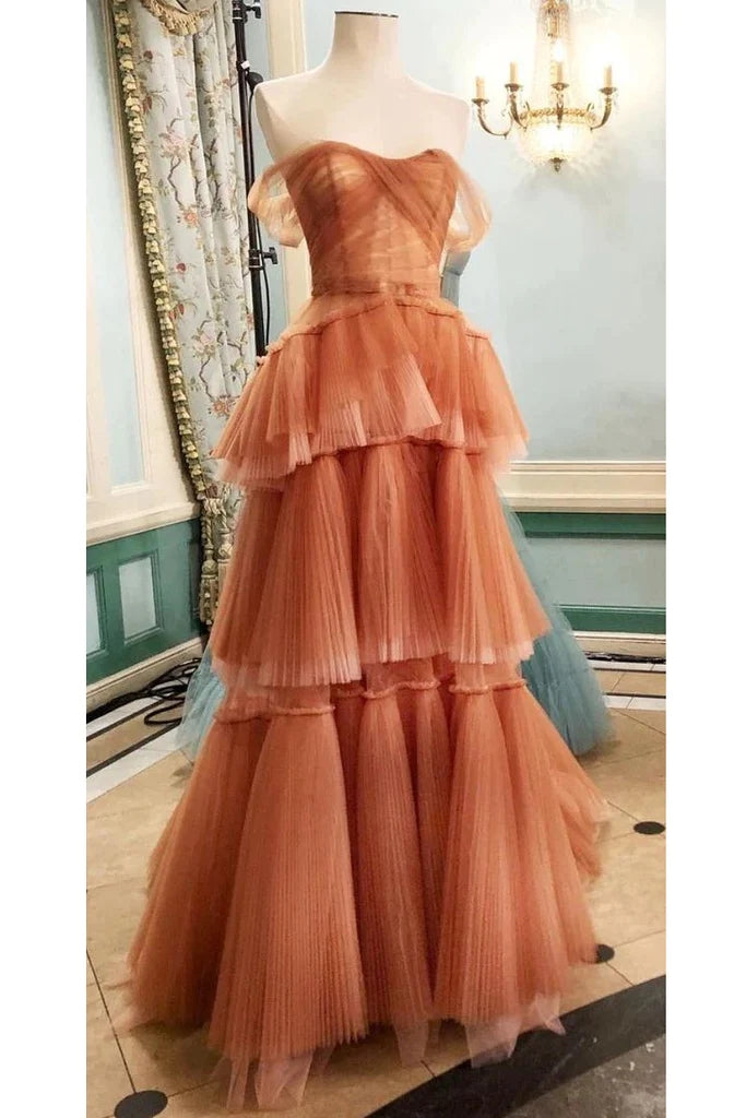 Orange Off The Shoulder Tulle Tiered Long Prom Dress, A Line Evening Gown WLD0220