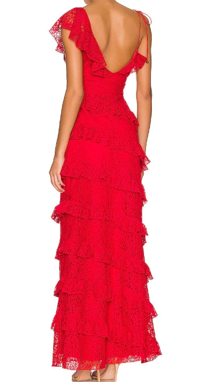 Red Lace Tiered Long Prom Gown With Layers, Evening Dress WLD0223