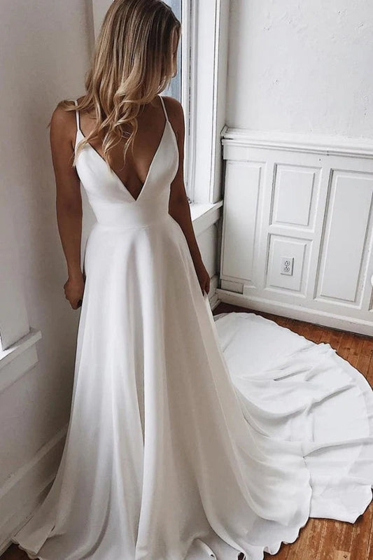 Chiffon A-Line V-Neck Lace Spaghetti Straps Beach Wedding Dresses,Simple Bridal Gown WLD0141