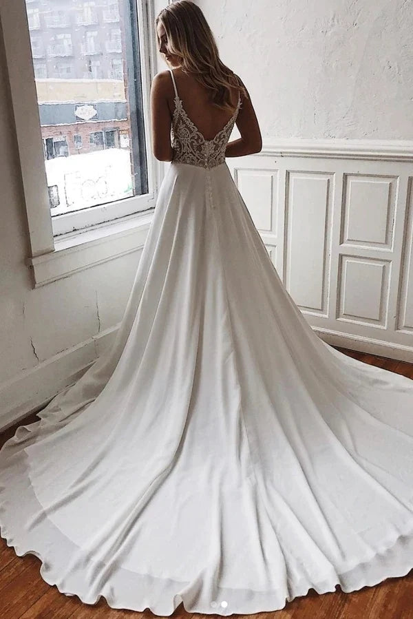 Chiffon A-Line V-Neck Lace Spaghetti Straps Beach Wedding Dresses,Simple Bridal Gown WLD0141
