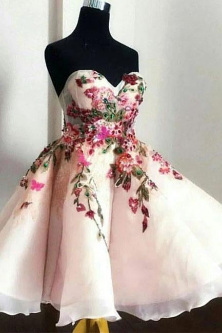A Line Sweetheart Tulle Homecoming Dress with Flowers, Cute Puffy Mini Prom Gown WLD2209