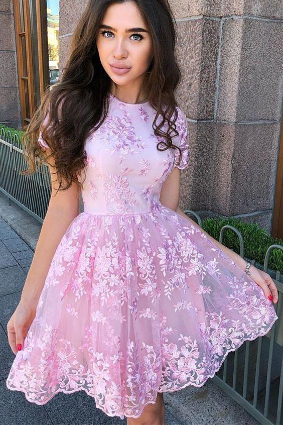 A Line Short Sleeves Short Pink Homecoming Dresses with Lace Appliques WLD1863