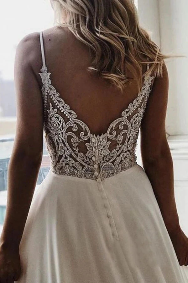 Chiffon A-Line V-Neck Lace Spaghetti Straps Beach Wedding Dresses,Simple Bridal Gown WLD0141
