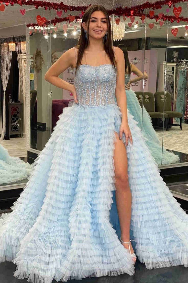 Spaghetti Straps Light Blue Long Prom Dress , Slit Long Formal Gown WLD0365