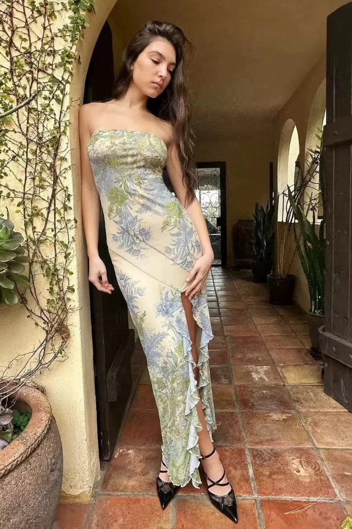 Strapless Sheath Floral Long Prom Dresses With Slit, Party Dress WLD0432