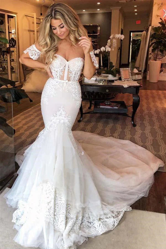 Tulle Mermaid Sweetheart Lace Appliques Wedding Dresses, Bridal Gown WLD0193