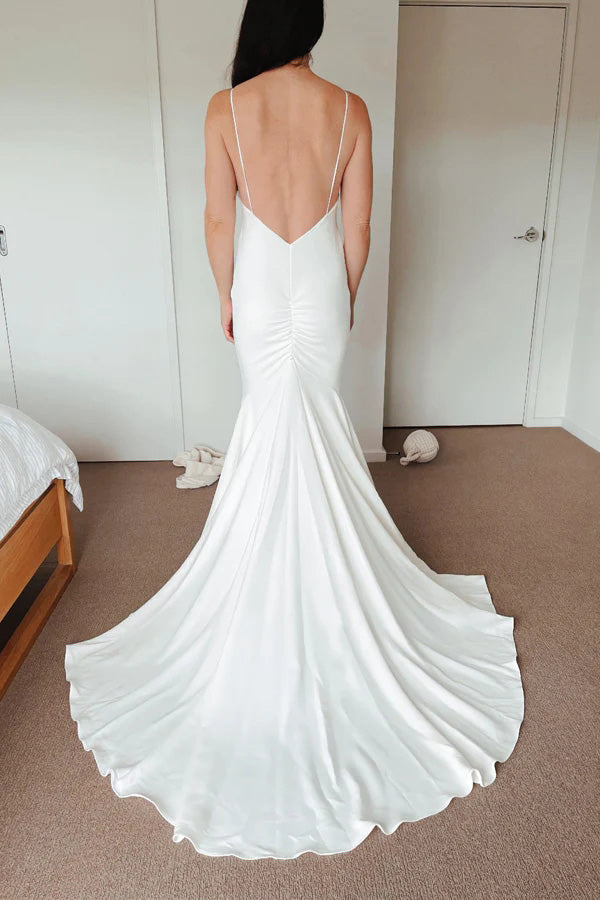 Simple Mermaid Satin Spaghetti Straps V-Neck Beach Wedding Dress WLD0170