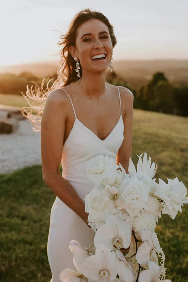 Simple Mermaid Satin Spaghetti Straps V-Neck Beach Wedding Dress WLD0170