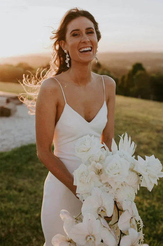 Simple Mermaid Satin Spaghetti Straps V-Neck Beach Wedding Dress WLD0170